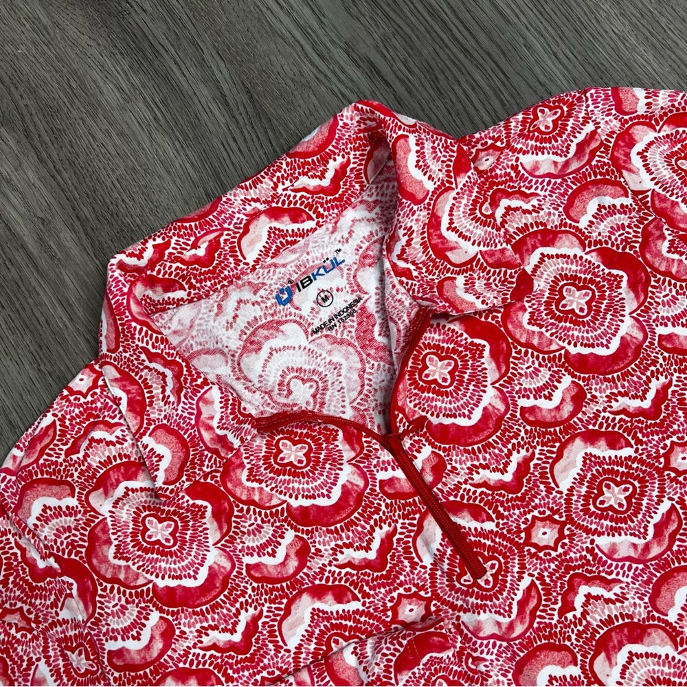 IBKUL Venetian Tile Red White Long Sleeve 1/4 Zip Golf Tennis Top SZ M Bay‎ Hill